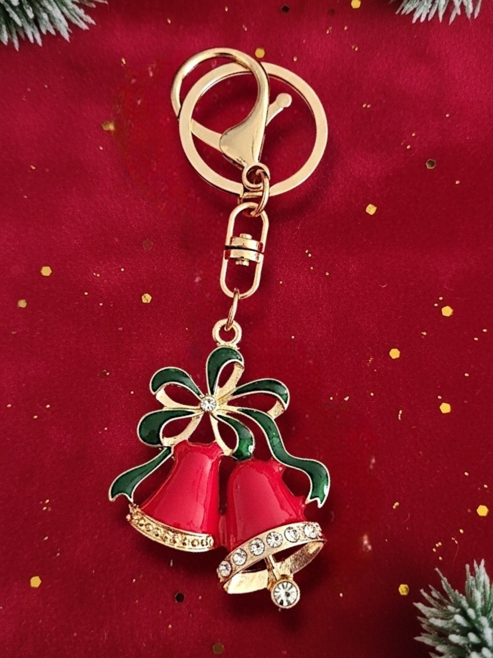 Holiday Bells Bag Charm / Keychain with Green Bow